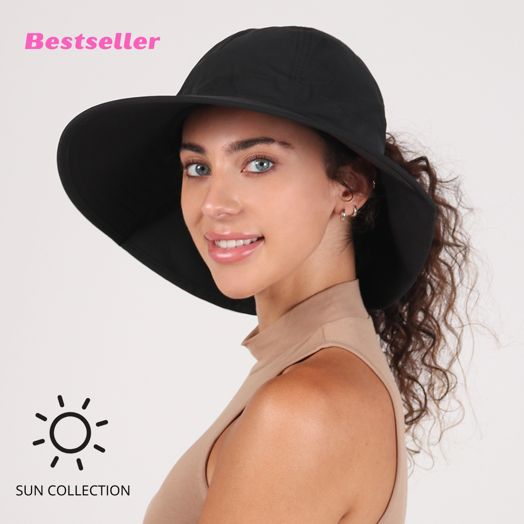Layla Wide Brim Ponytail Sun Hat - Black - by Ponyflo- Best Gift for Women