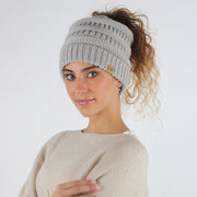 Dana Solid Knit Ponytail Beanie with Suede Tab - PONYFLO HATS