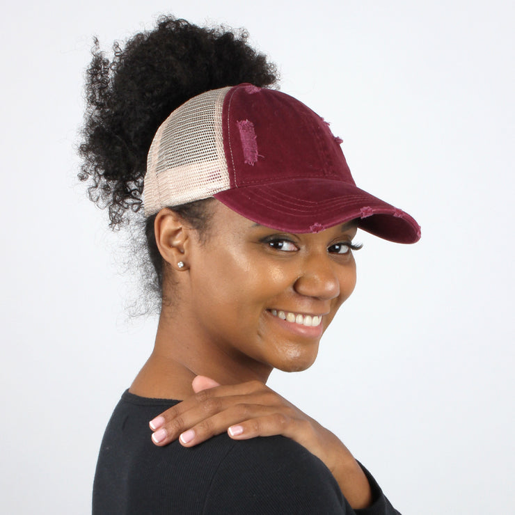 Emily Distressed Mesh Back Ponytail Cap