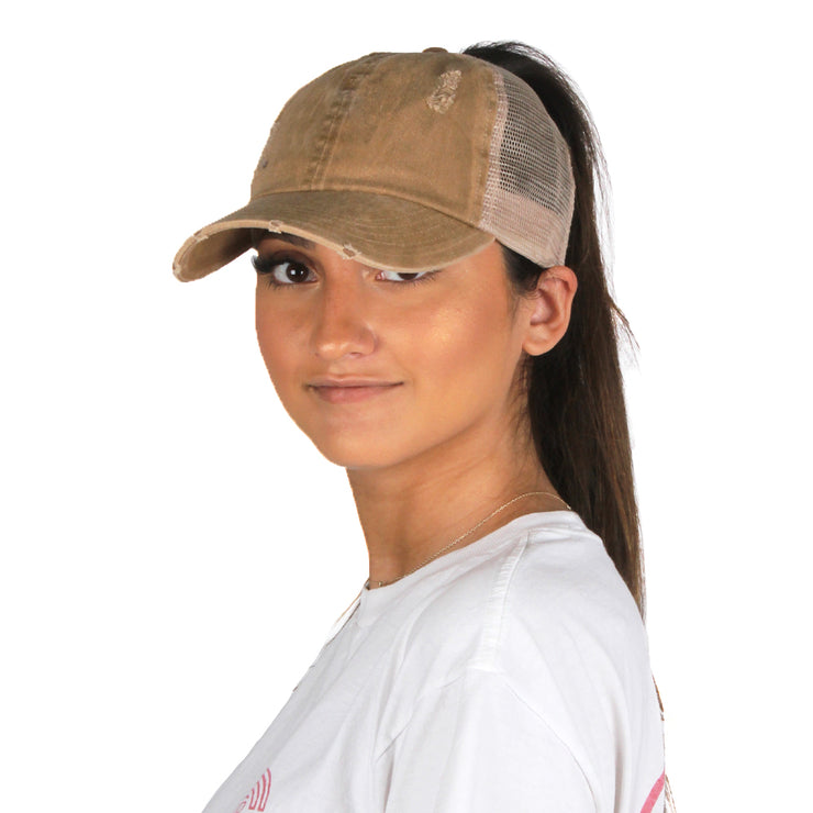 Emily Distressed Mesh Back Ponytail Cap