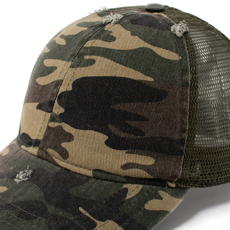 Stephanie Mesh Back Distressed Camo Cap - PONYFLO HATS