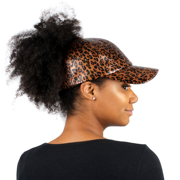 Satin Lined Ponytail Hat Shimmery Leopard Print - PONYFLO HATS