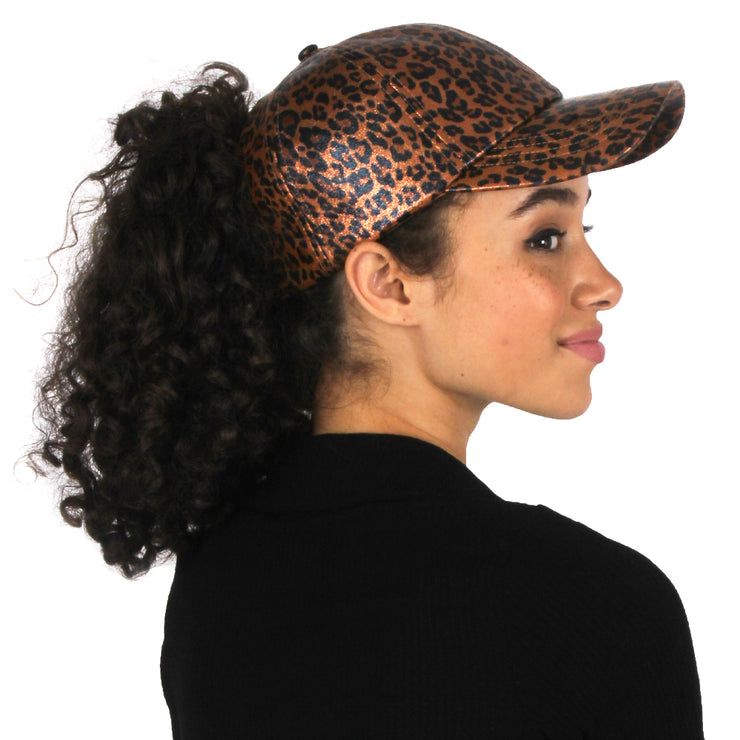 Satin Lined Ponytail Hat Shimmery Leopard Print - PONYFLO HATS