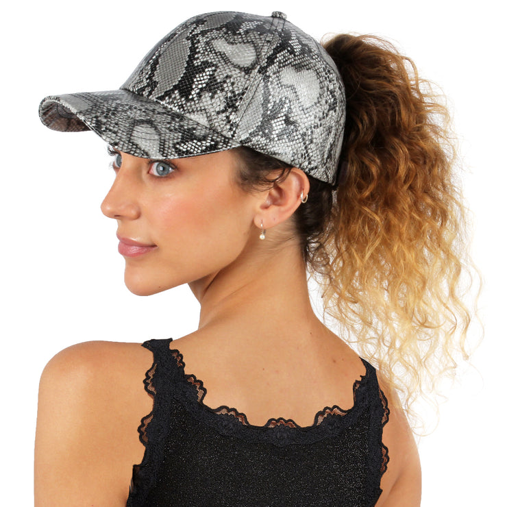 Satin Lined Ponytail Hat Glossy Snakeskin - PONYFLO HATS