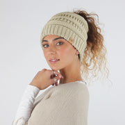 Dana Solid Knit Ponytail Beanie with Suede Tab - PONYFLO HATS